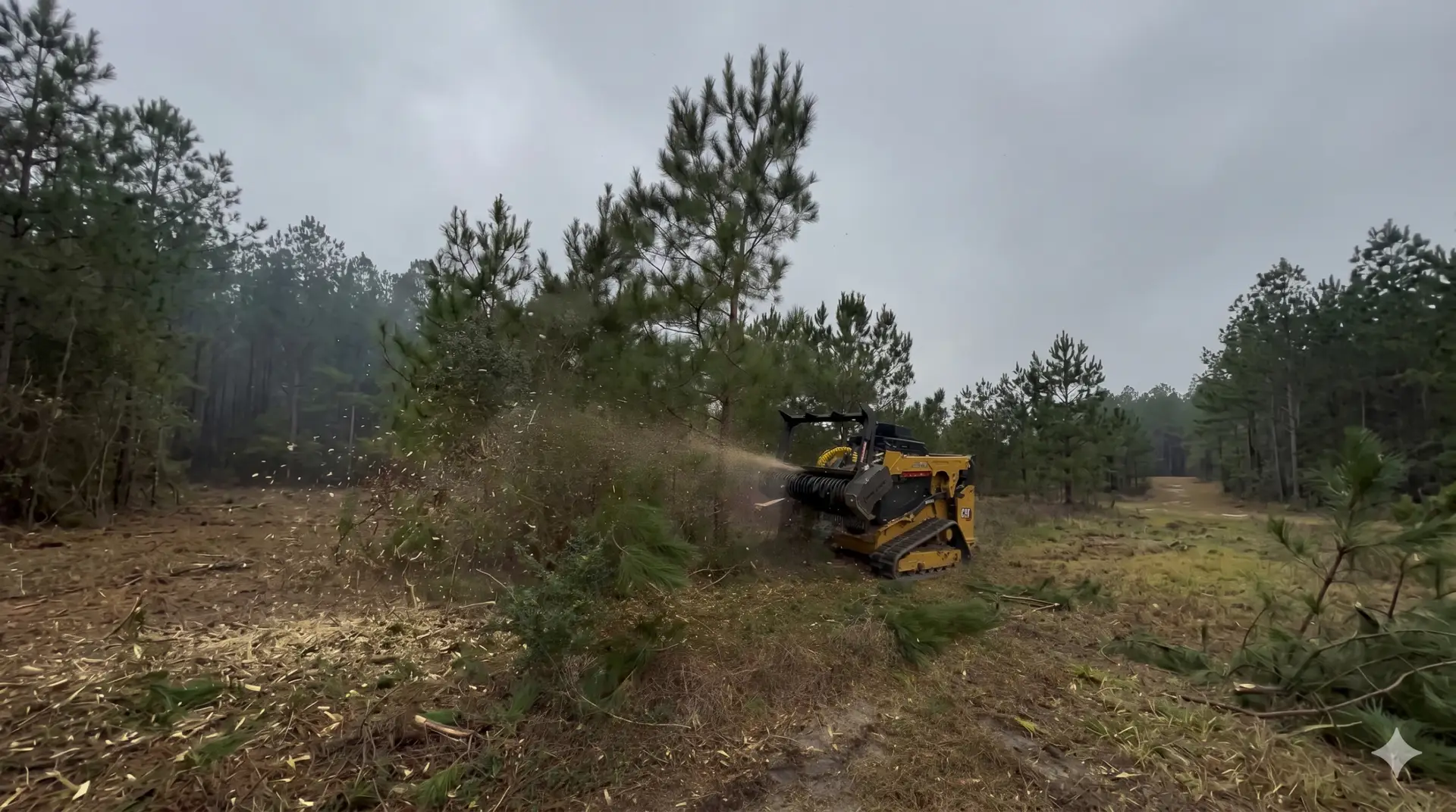 Forestry mulcher processing brush in a wooded area
